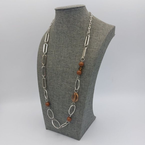Necklace Silver Toned Large Link Chain Off Set Beads Brown Faceted Amber 40" Lon - Picture 2 of 7
